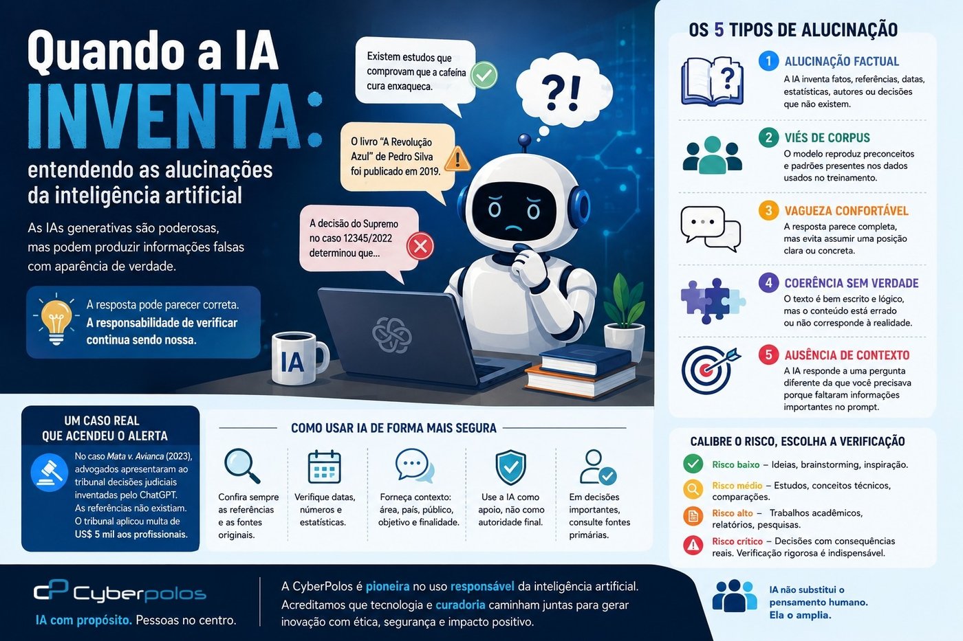 Infográfico sobre alucinações da IA: exemplos de respostas inventadas com aparência de verdade, os cinco tipos de alucinação (factual, viés de corpus, vagueza confortável, coerência sem verdade e ausência de contexto), o caso real Mata v. Avianca e como calibrar a verificação conforme o risco